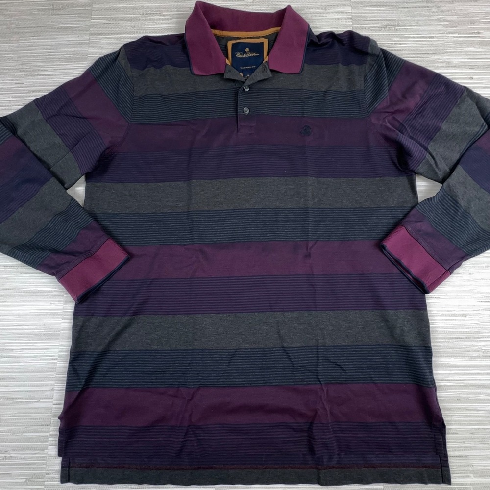 Brooks Brothers Mens Striped Polo Shirt Size XL Gray Purple Preppy Long Sleeve